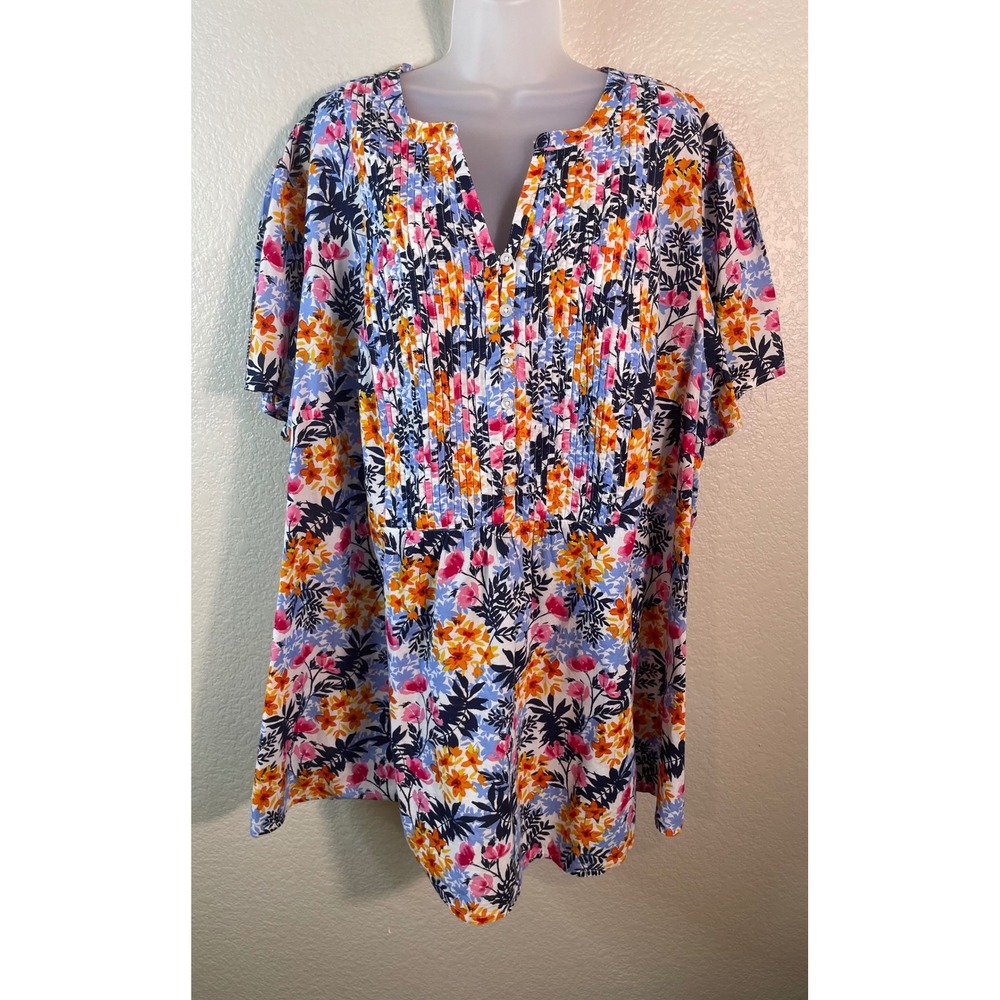 Woman Within Womens 3X Blouse Multi Color Floral Pintuck Cotton Split Neck Top